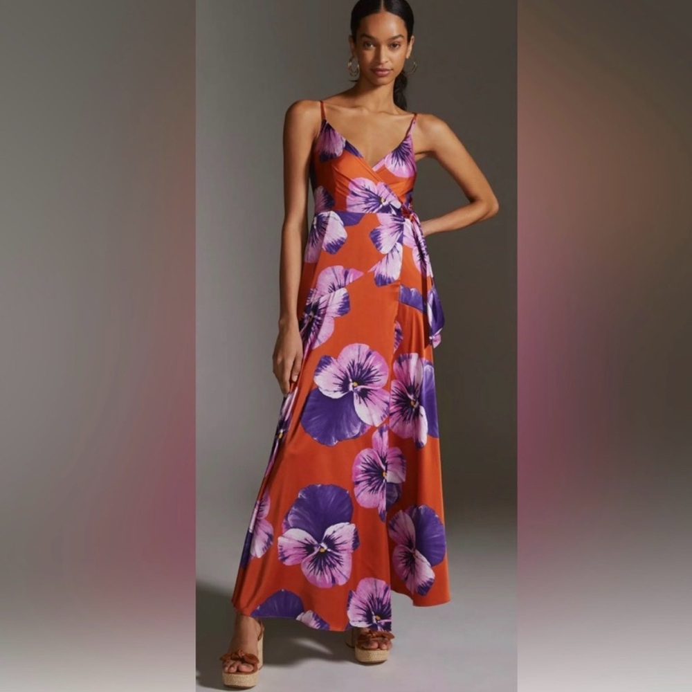 Anthropologie Hutch‎ satin floral maxi wrap dress orange and purple size medium